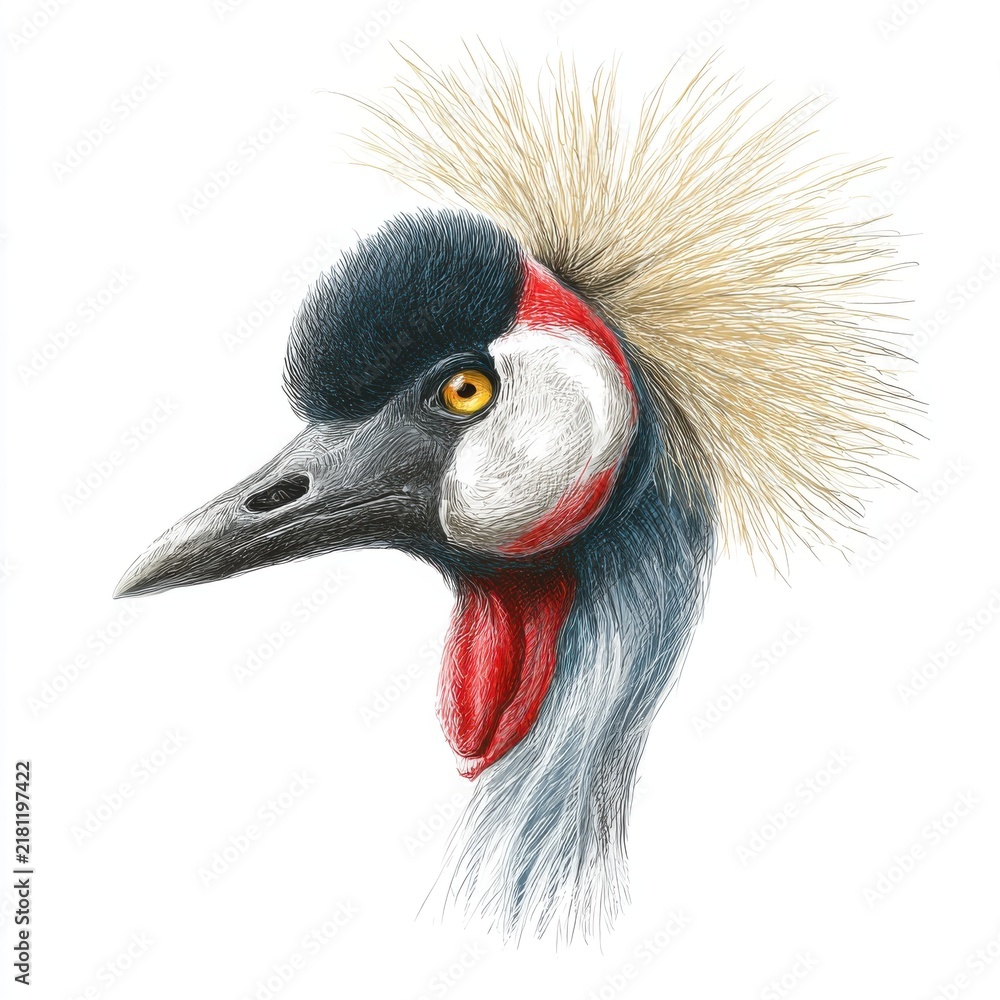 Fototapeta premium Detailed Pointillism Illustration Of A Black Crowned Crane Profile On A Clean White Background