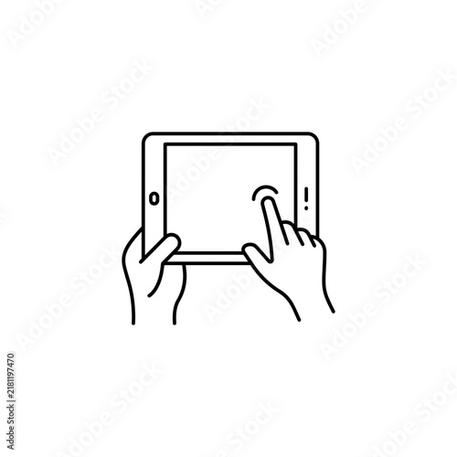 Hands using digital tablet device with finger pointing at screen technology pointing interface electronic computer