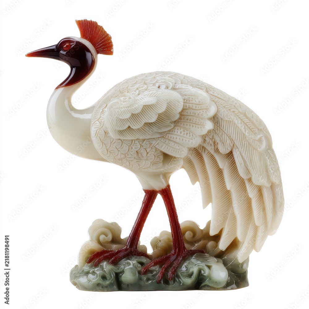Fototapeta premium Elegant White Jade Crane Sculpture Featuring Intricate Carvings On A Decorative Cloud Base Studio Shot