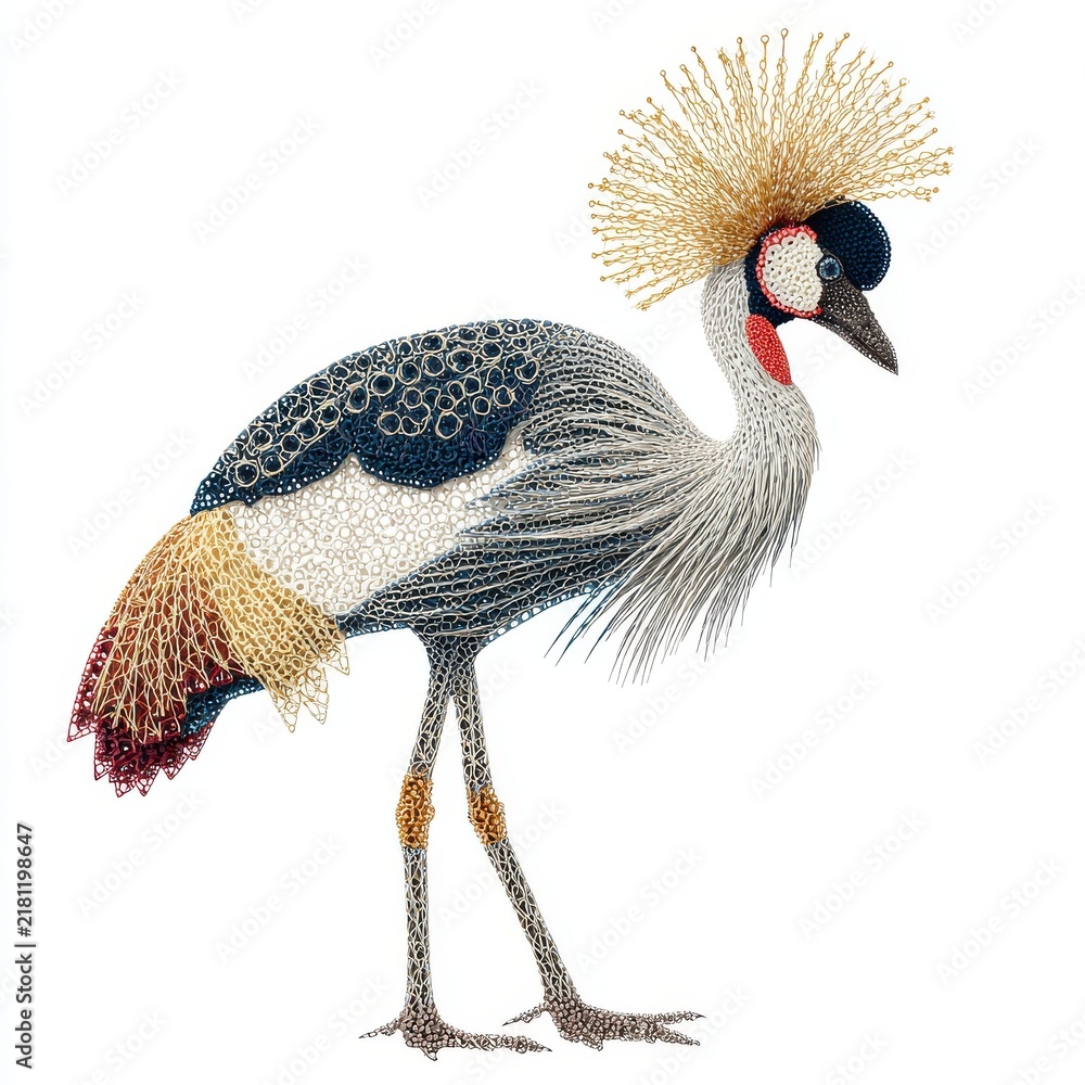 Obraz premium Detailed Pointillist Illustration Of A Gray Crowned Crane On White Background