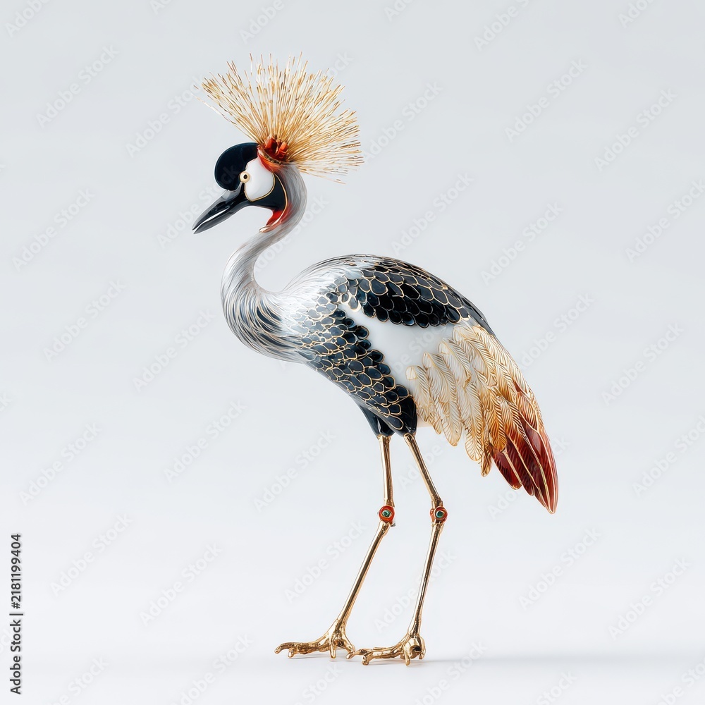 Fototapeta premium Elegant Black And White Crane Figurine With Golden Crest And Metallic Accents On White Background