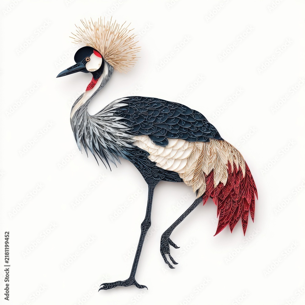Fototapeta premium Elegant Black Crowned Crane Bird Standing On One Leg Against A Clean White Background
