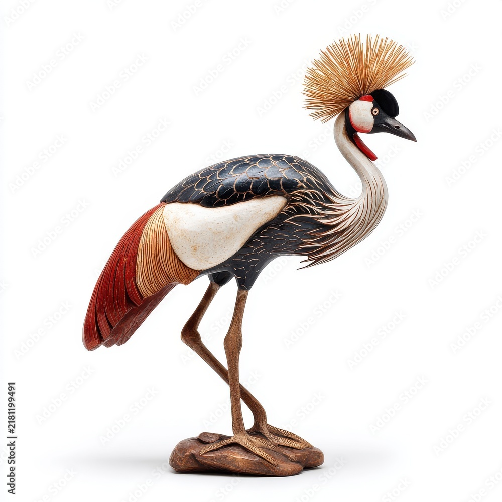 Fototapeta premium Elegant Black Crowned Crane Sculpture Handcrafted With Detailed Feathers And Gold Crest Isolated
