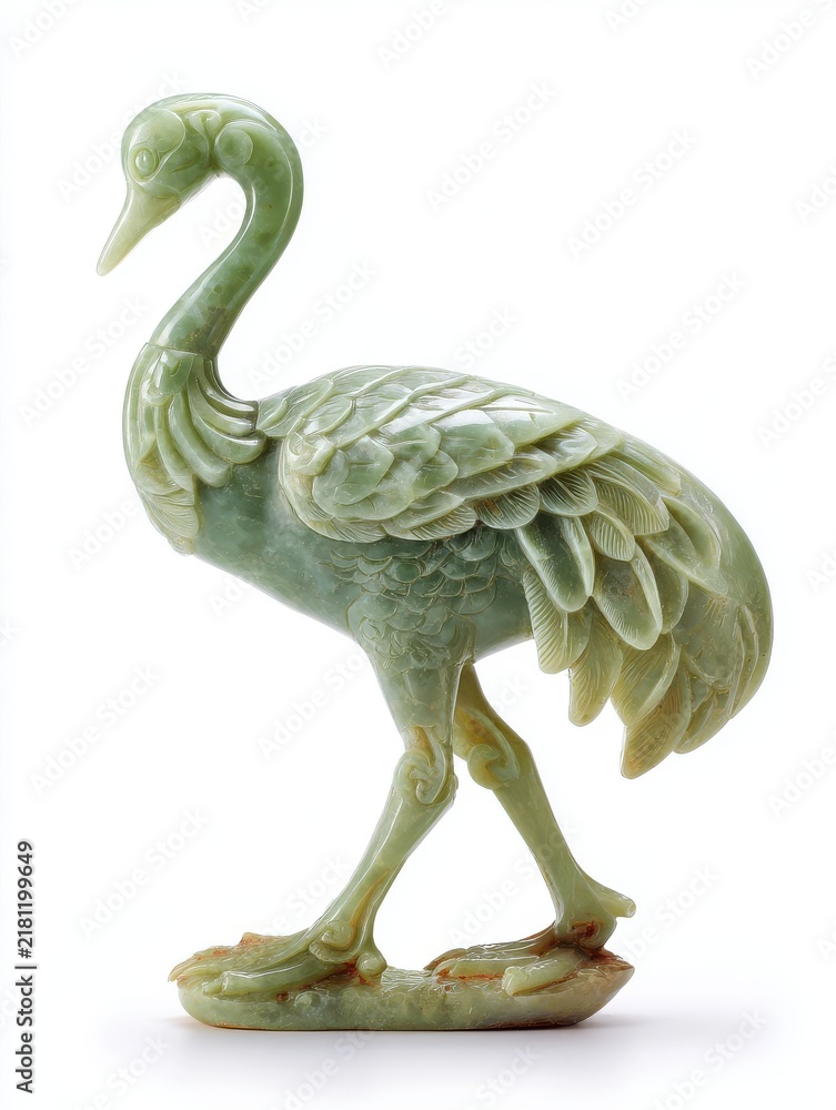Fototapeta premium Elegant Green Jade Crane Statue Carving Standing On A Minimalist White Background Studio Lighting