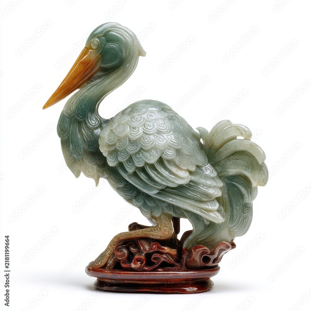Obraz premium Elegant Green Jade Crane Statue Hand Carved With Intricate Detail On A Wooden Base Isolated White