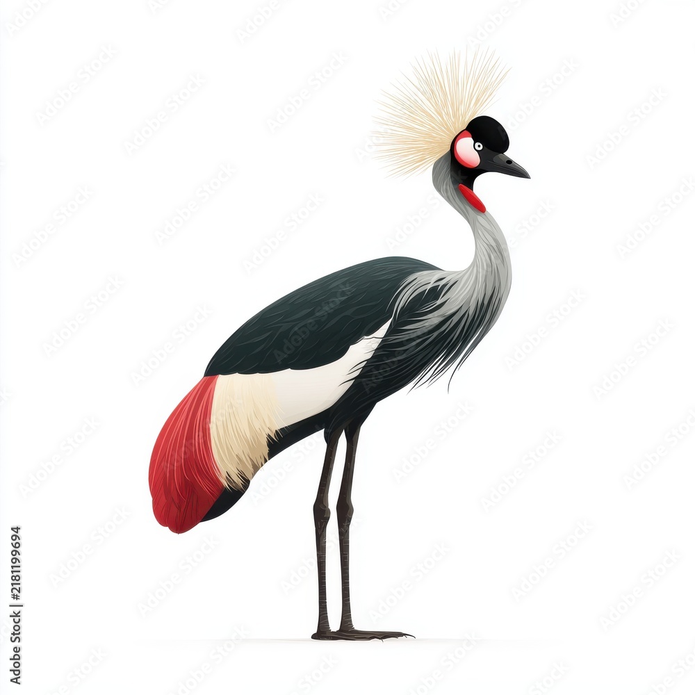 Fototapeta premium Elegant Grey Crowned Crane Bird Featuring Golden Feathers And Red Wattle Standing On White Background