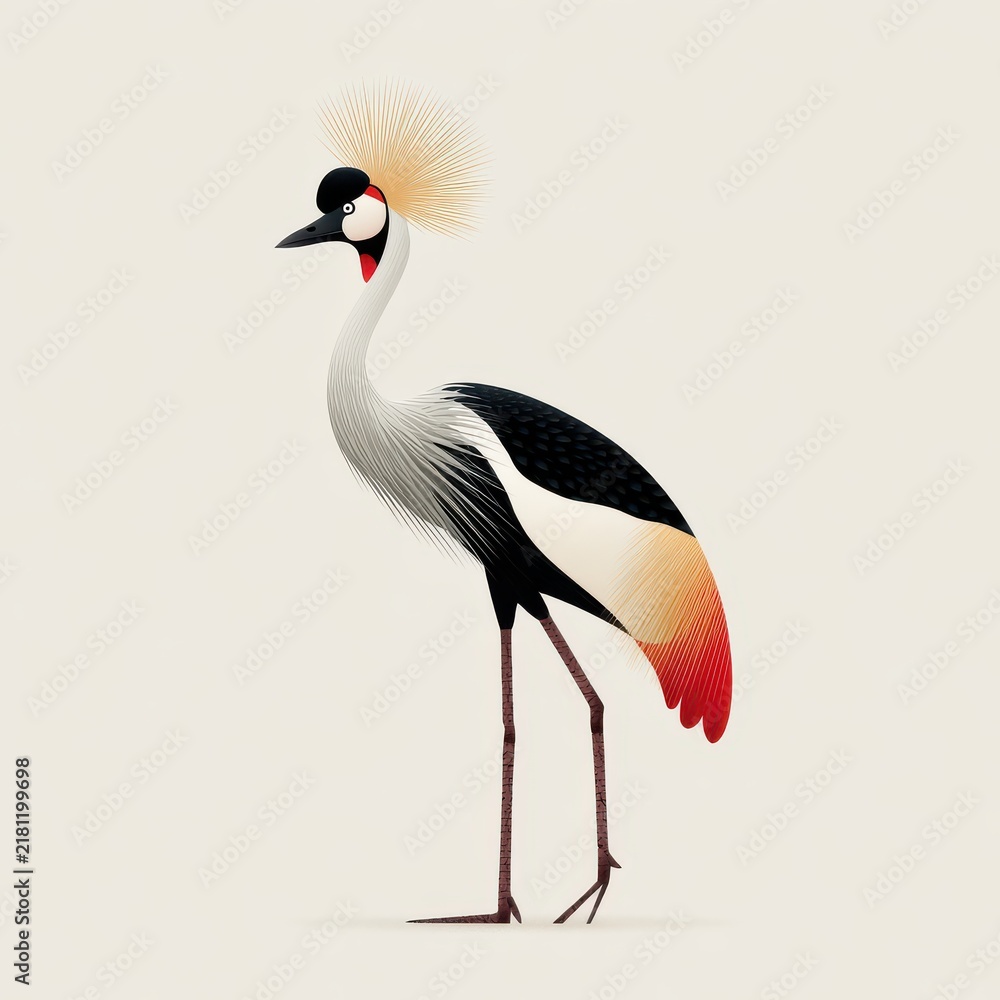 Obraz premium Elegant Grey Crowned Crane Bird Illustration Isolated On Cream Background With Minimalist Art Style