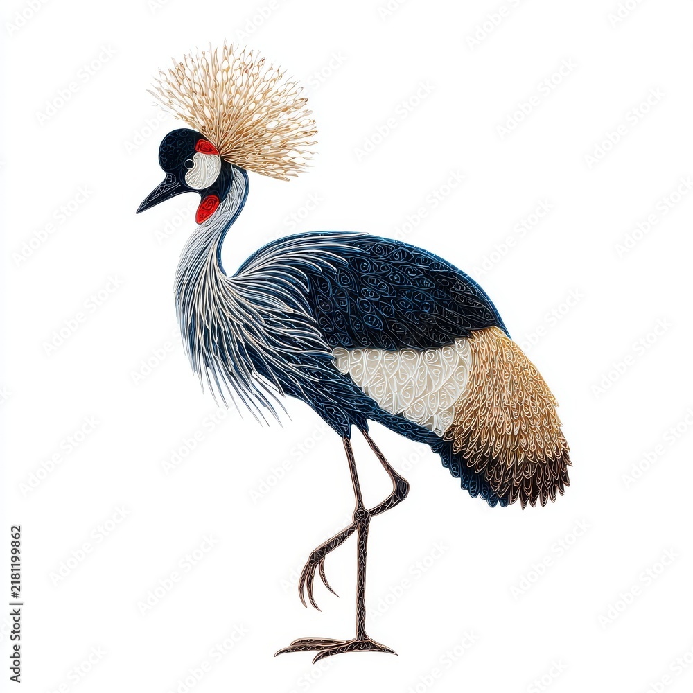 Obraz premium Elegant Grey Crowned Crane Standing On Single Leg With Golden Crest Against Isolated White Background