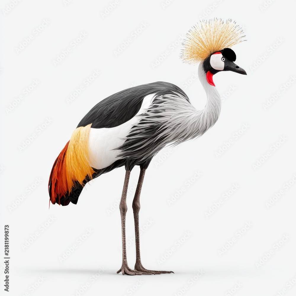 Obraz premium Elegant Grey Crowned Crane With Golden Crest And Vibrant Plumage Standing Isolated On White Background