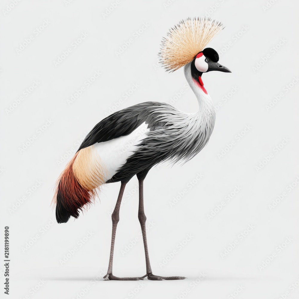Obraz premium Elegant Grey Crowned Crane With Stiff Golden Crest Feathers Standing Against Isolated White Background