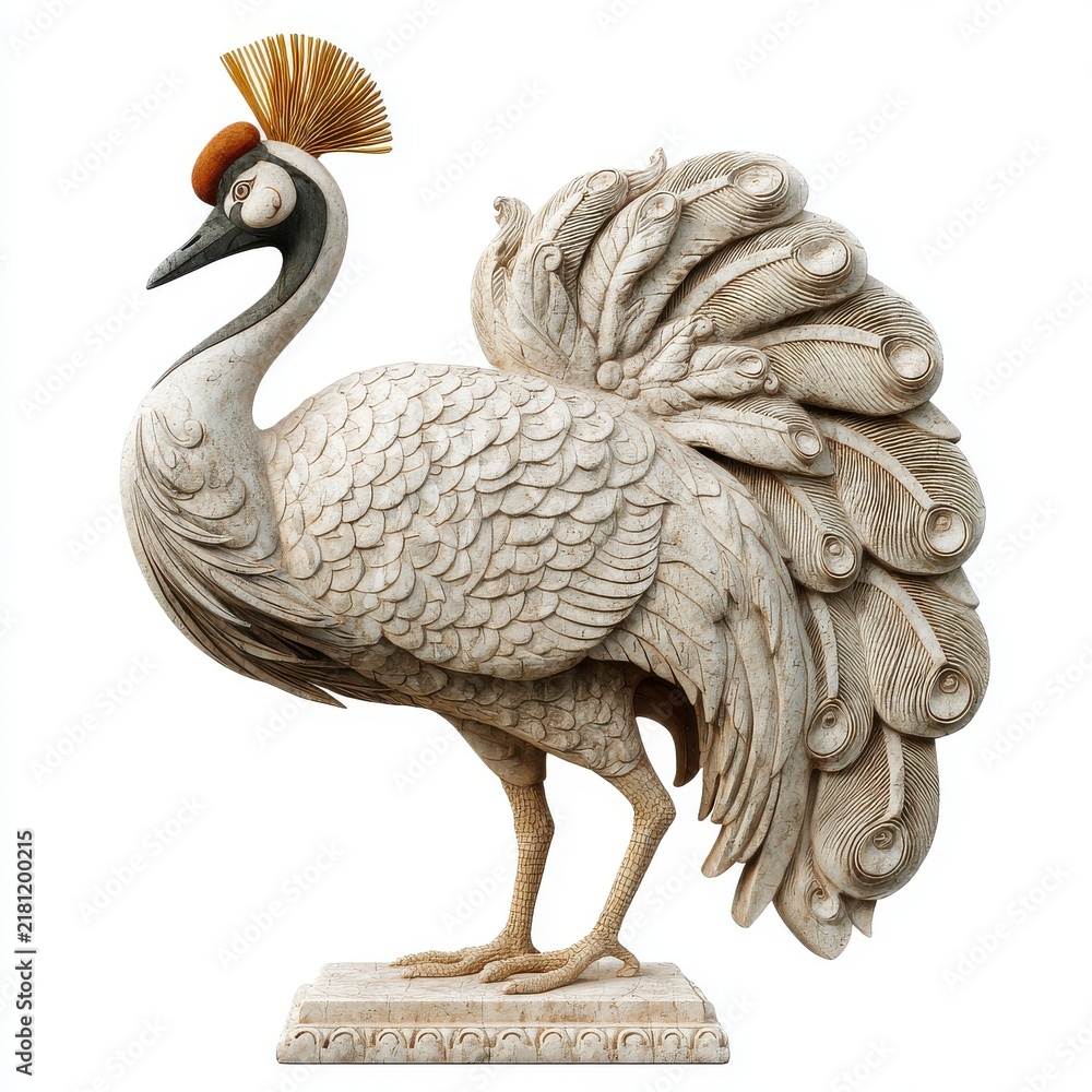 Obraz premium Elegant White And Golden Crested Crane Statue On Isolated Background With Intricate Carved Textures