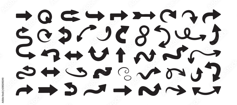 Fototapeta premium Curved and wavy black arrow icons set on transparent background for map paths and navigation flows.
