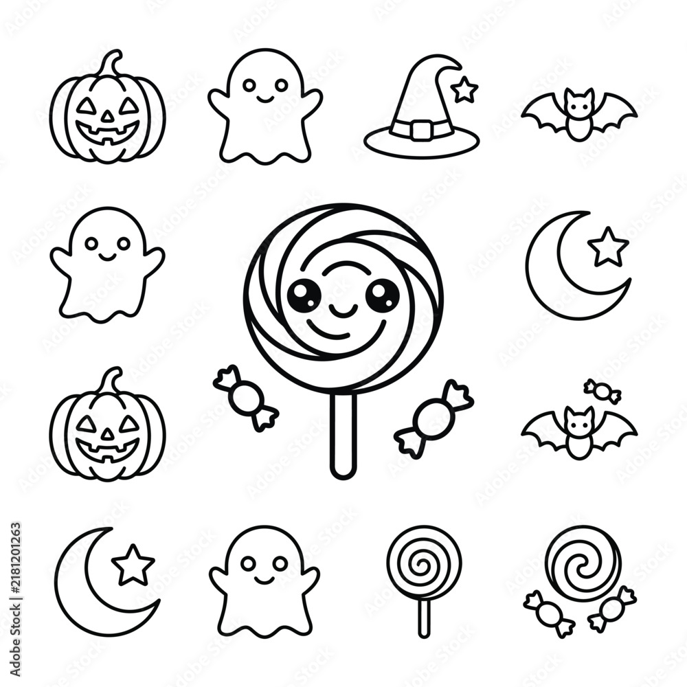 Fototapeta premium Cute Halloween Icons: Pumpkin, Ghost, Bat, Candy, Moon, Witch Hat - Coloring Page Vector