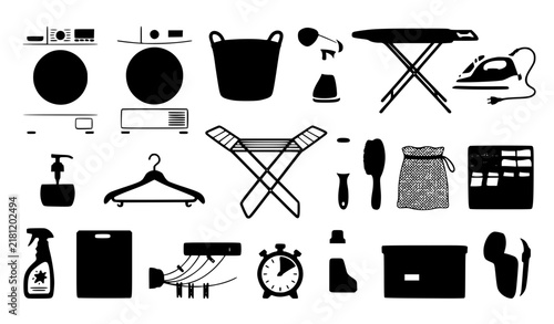 Home Laundry Fabric Care Equipment Vector Illustration Set