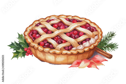 Festive Christmas Pie with Seasonal Details, Hand Painted Watercolor Dessert, Isolated on White Background