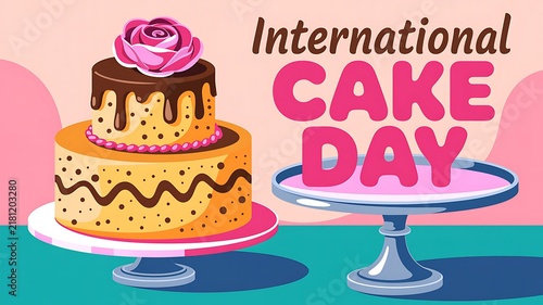 Two tier layered celebration cake with chocolate frosting and pink flower for international cake day