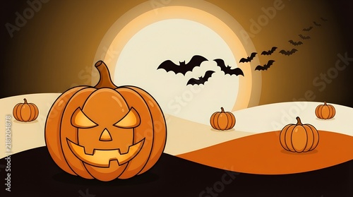 Halloween Vector Background Set, Carved Jack O Lantern Pumpkin, Flying Bats Silhouette, Crescent Moon, Rolling Hills, Spooky Night Atmosphere, Holiday Design Elements