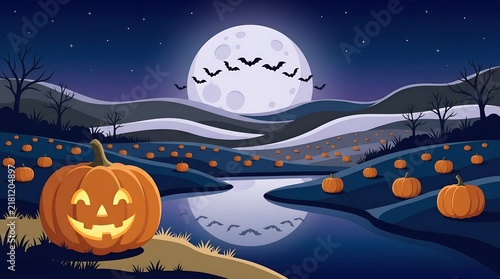 Vintage Halloween night landscape with jack-o-lanterns by moonlit stream, Carved smiling pumpkin face illustration, Spooky autumn vector scenery with bats