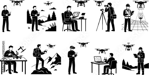 Drone pilot and quadcopter operation icon set featuring remote control flying landscape mapping repair service FPV goggles aerial photography and industrial inspection in solid black vector style 