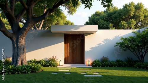Serene Entrance to a Modern Home with Lush Greenery and Subtle Lighting