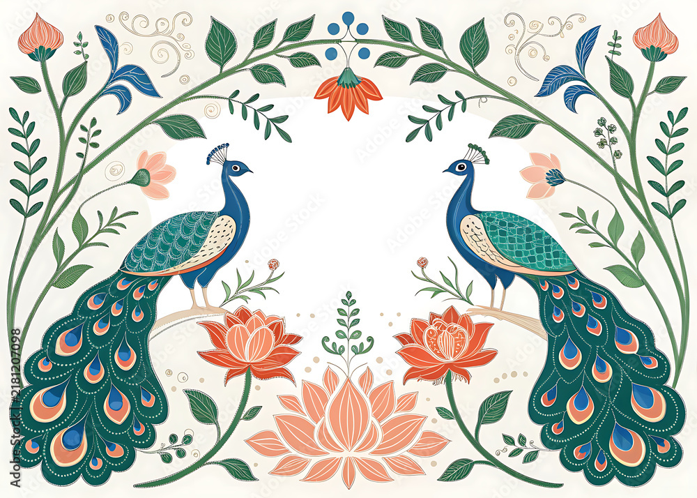 Obraz premium Indian peacock and lotus frame, symmetrical stylized peacocks on opposite sides surrounded by lotus flowers and vines, emerald, royal blue, coral and cream palette