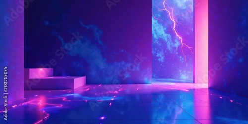 Abstract Neon Studio with Purple and Blue Lightning Backdrop and Reflective Floor