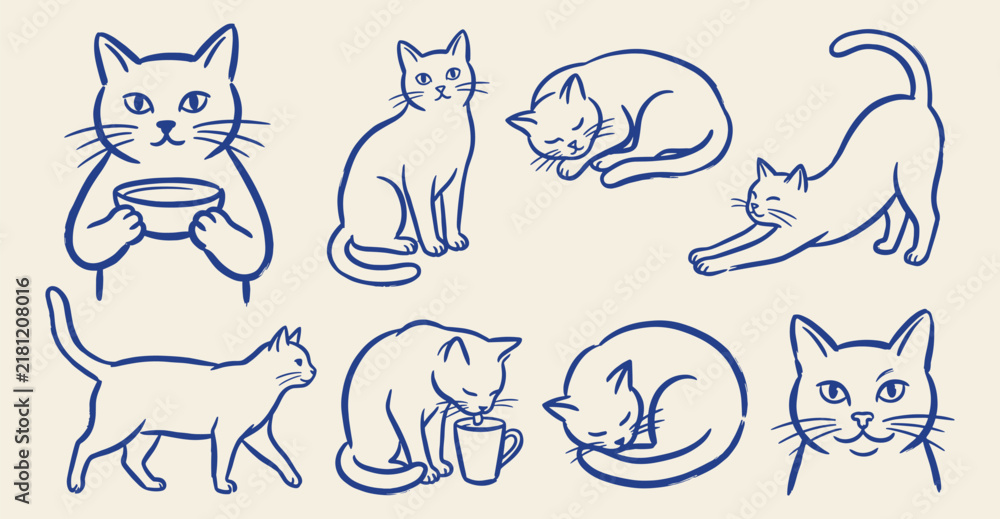 Fototapeta premium Hand drawn blue line art vector cute cats and kittens icons set on light background