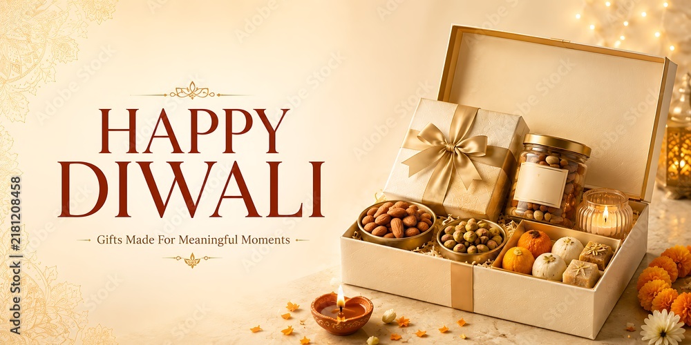 Fototapeta premium Festive diwali gift box filled with traditional dry fruits and sweets with diya lamp