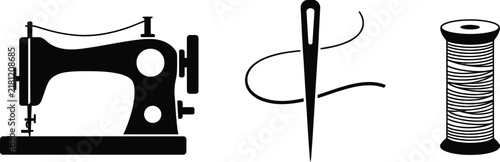 Vintage Tailor Sewing Silhouette Icons with Sewing Machines, Scissors, Thread, Needles, and Crafting Symbols on White Background