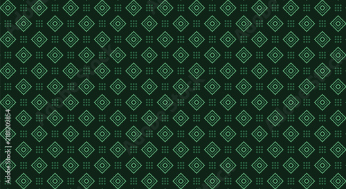 Seamless abstract geometric pattern with green square shapes and dots on a dark background