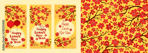 Collection of festive yellow money envelopes and seamless pattern for Lunar New Year, Chinese New Year. Spring branches with red apricot, sakura or cherry blossom flowers, asian paper lanterns.