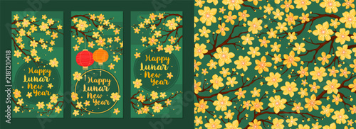 Collection of festive green money envelopes and seamless pattern for Lunar New Year, Chinese New Year. Spring branches with yellow apricot, sakura or cherry blossom flowers, asian paper lanterns.