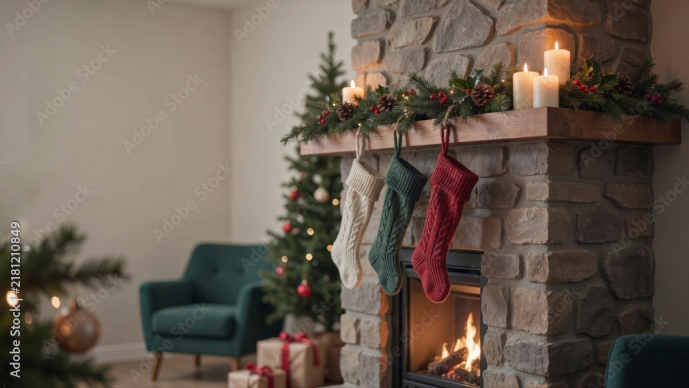Fototapeta premium Christmas stockings hanging on a stone fireplace with lit candles