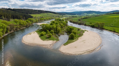 sandbar. Aerial view of a river split by a sandbar, creating two streams through green landscape. travel magazines, destination branding, designed for outdoor magazines and nature guides.