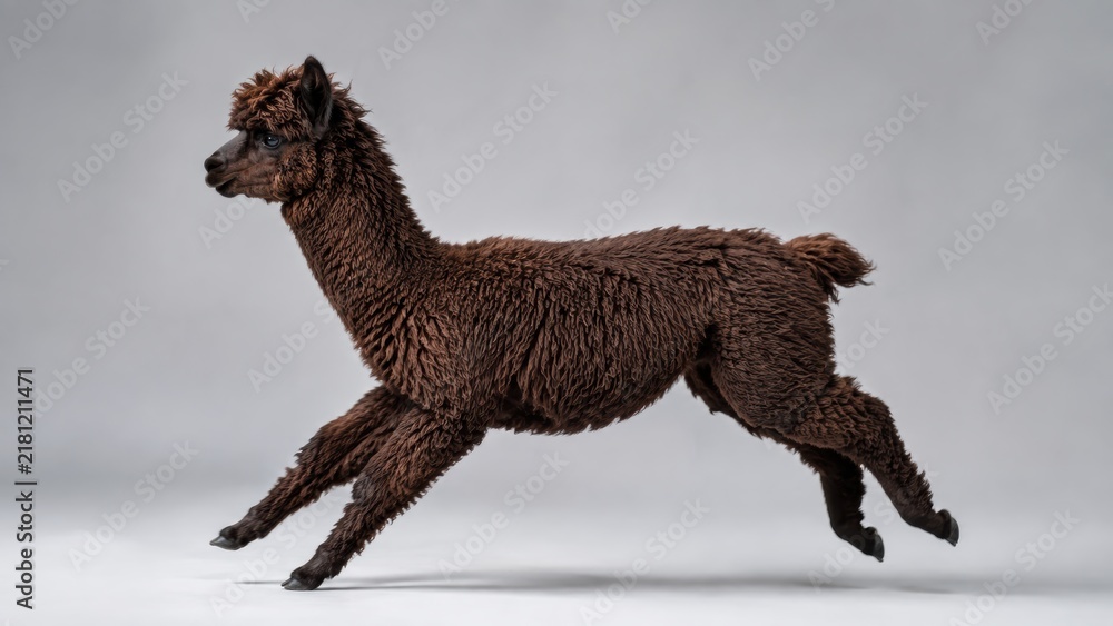 Obraz premium brown alpaca with thick, curly wool is captured mid-run against a plain gray background.