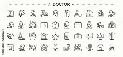 Doctor icon set. Modern thin line style icons. Physician icon set. Included clinic, health, pharmacy, hospital, medical, medicine and more.