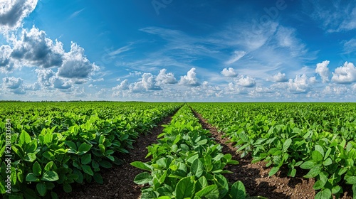 soybean. Soybean farm field under a vast open sky, showcasing rural agricultural scenery. travel magazines, destination branding, designed for outdoor magazines and nature guides, used by professors.