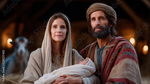 The birth of Jesus as Mary and Joseph lovingly embrace the newborn child in Bethlehem
