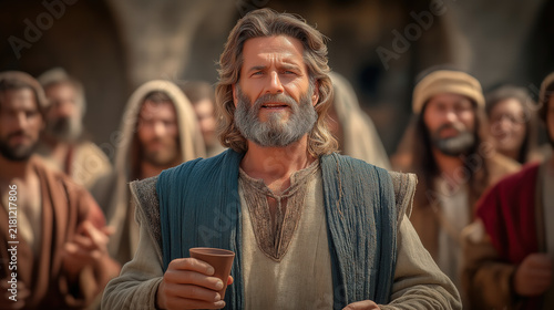 Wedding at Cana scene with the steward tasting new wine in astonishment during a biblical miracle moment