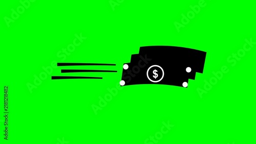 Black paper money currency icon with speed lines on bright green background. Suitable for financial presentations, websites, and banking concepts.