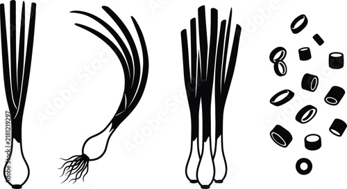 Green onion and scallion vector silhouette icon set with chopped rings isolated on white background for cooking design