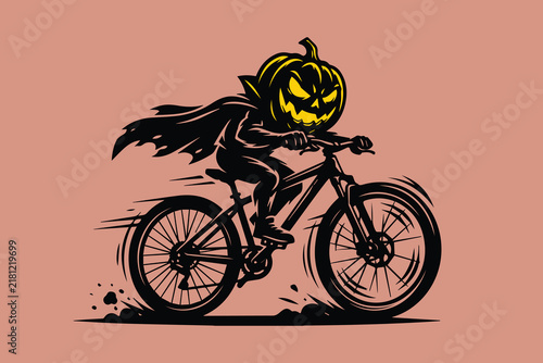 An iconic pumpkin monster pedaling a bicycle on a Halloween night adventure Illustrator Artwork Design Template