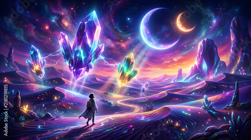 Traveler Gazing at Giant Glowing Crystals in a Magical Cosmic Desert Under Twin Moons