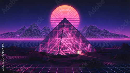 Neon Wireframe Pyramid in Retro-Futuristic Digital Landscape with Glowing Sun