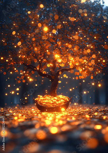 Magical Glowing Autumn Tree Surrounded by Golden Light