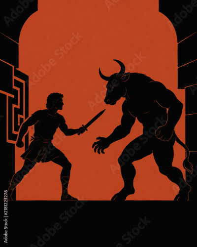 Greek Mythology in Silhouette — Theseus Fighting the Minotaur with a Sword Inside the Labyrinth of Crete
