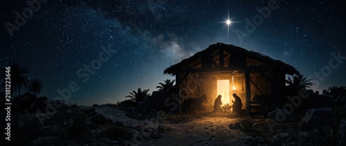 Nativity Scene Under Starry Night Sky with Glowing Stable.