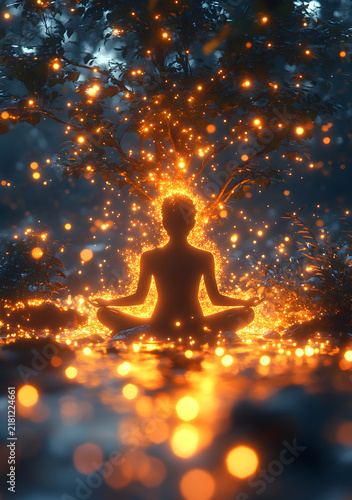 Meditating Person Surrounded by Magical Golden Light in Nature