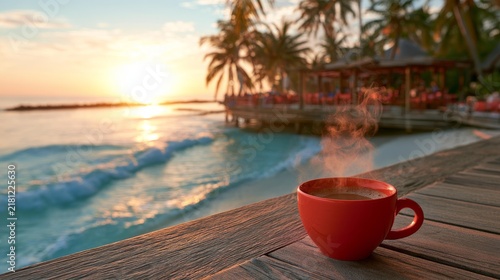  Tropical beach at dawn with gentle waves, golden sunlight, and a modern bar beside a steaming coffee cup.
