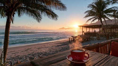  Warm morning light illuminates a peaceful beach with turquoise sea, swaying palms, and a secluded outdoor bar.